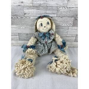 Vintage Folk Art Stuffed Rabbit 17” Doll Braided Rope Limbs Floppy Ears
